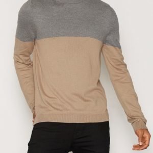 Topman Grey and Camel Colour Block Crew Neck Jumper Pusero Yellow