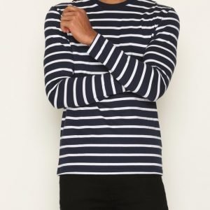 Topman Navy and White Stripe Long Sleeve T-Shirt Pusero Dark Blue